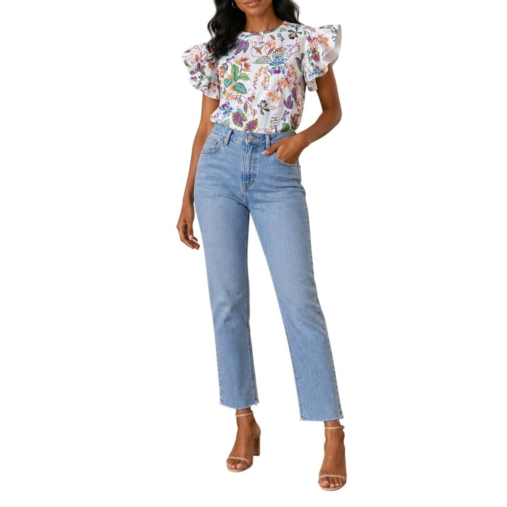 HM Tropical Floral Flutter Sleeve Blouse White Multicolor Botanical Print Top 6